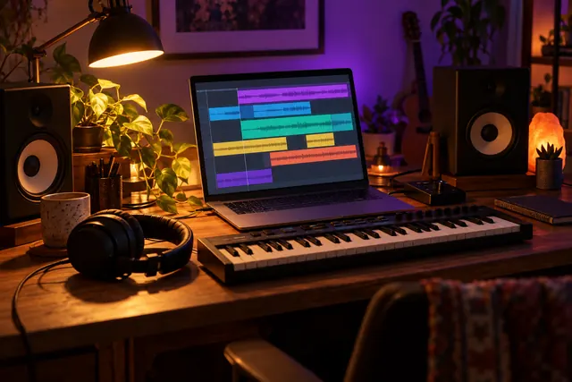 A laptop showing colored audio tracks beside a MIDI keyboard, headphones and two small speakers on a home studio desk at night