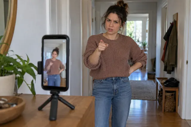 A phone stands upright on a small tripod at chest height while a woman about two meters away points at it in a hallway