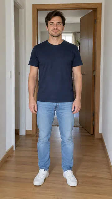 A man standing in a bright hallway, full body, facing the camera with light on his face