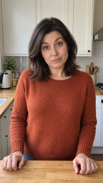 A woman in her kitchen, framed from the waist up, facing the camera