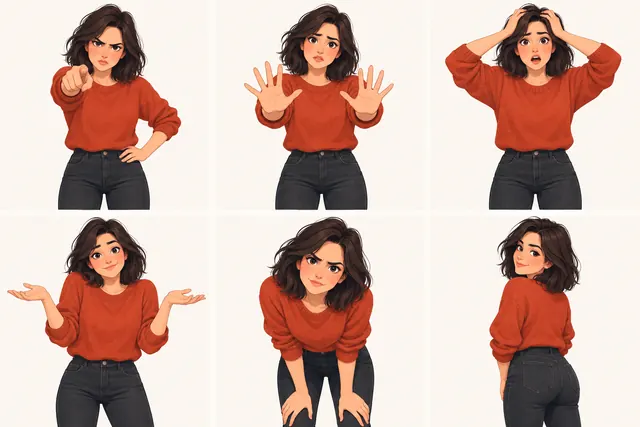 Six panels of the same woman pointing at the viewer, holding her palms out, putting her hands on her head, shrugging, leaning in and turning to the side