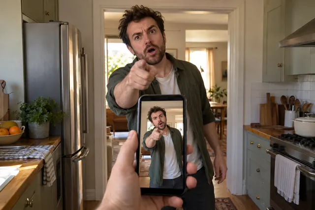 A phone held up in a kitchen records a man who points at it, mid-argument with whoever is filming