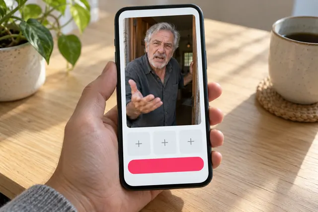 A hand holds a phone showing a video template: a gray-haired man arguing in a doorway above three empty photo slots and a pink button